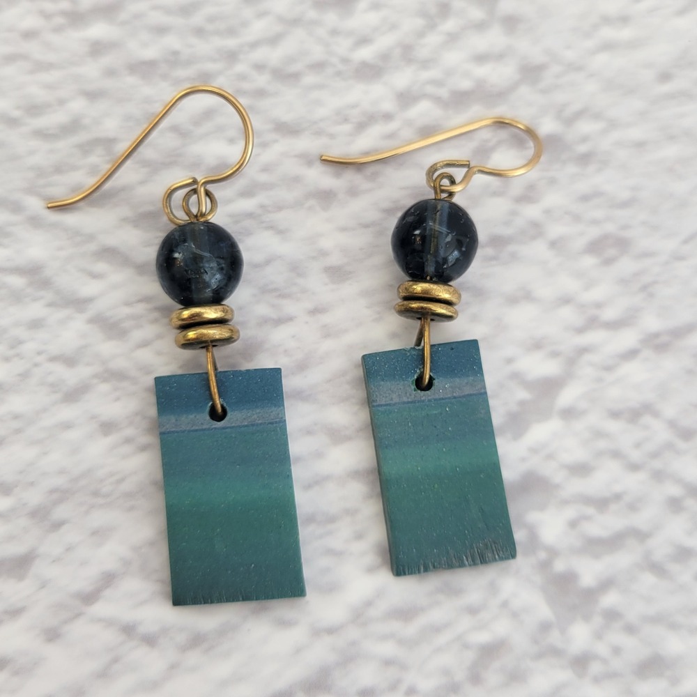 Artisan Teal Green Ombre‎ Rectangle Drop Earrings Brass Gold Tone Dangle Boho